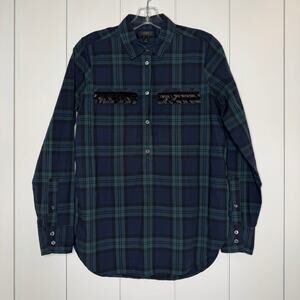 J.Crew Plaid Button Shirt Women’s 2 Bugle Bead Pocket Blue Green